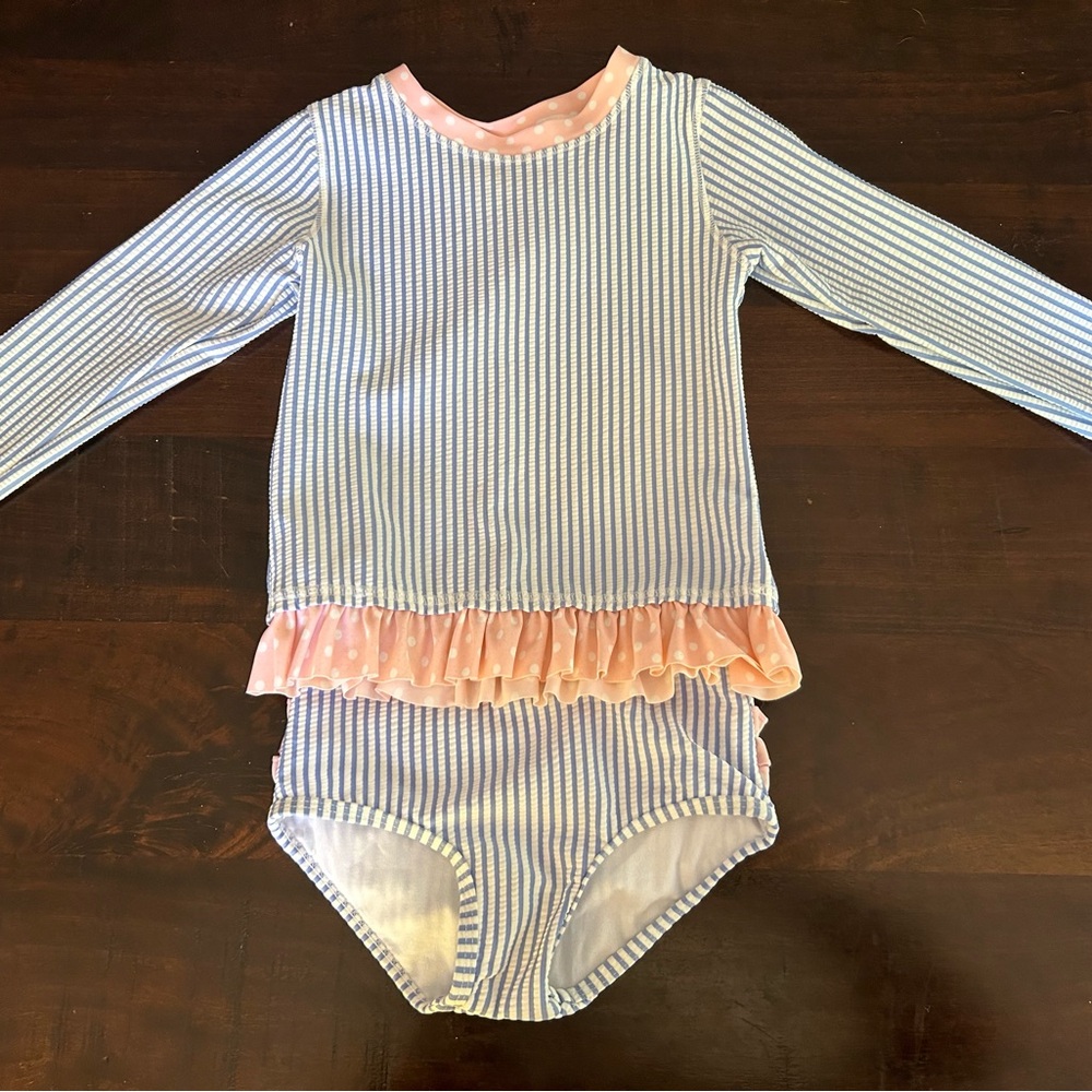 Ruffle Butts Blue and White Rashguard Set with Ruffles